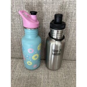 Kids Klean Kanteen Sport Cap Steel Water Bottle 18 Oz Set Of 2. Cat Donut/Silver